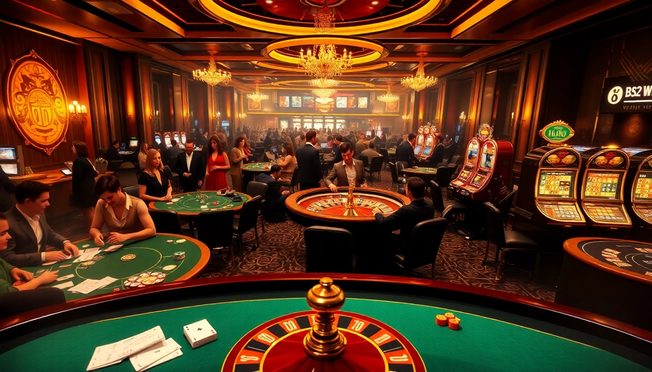 B52 WEB online gambling scene with vibrant casino tables, roulette wheel, and excited players.