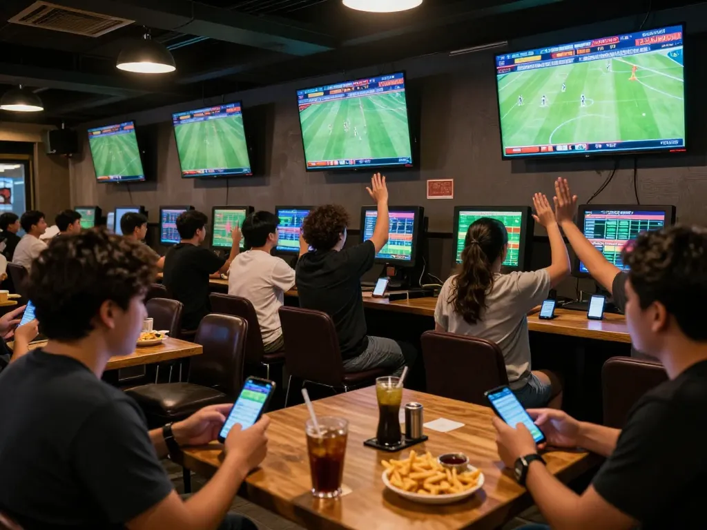 Engaged patrons checking kèo bóng đá during live sports betting, creating an exciting atmosphere