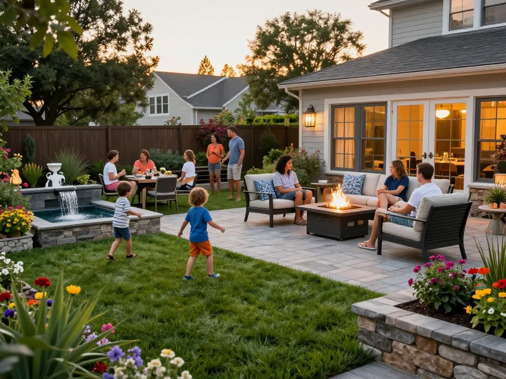 Paver patio near me showcasing a beautiful outdoor living space with family enjoying a fire pit, surrounded by vibrant gardens and cozy seating.