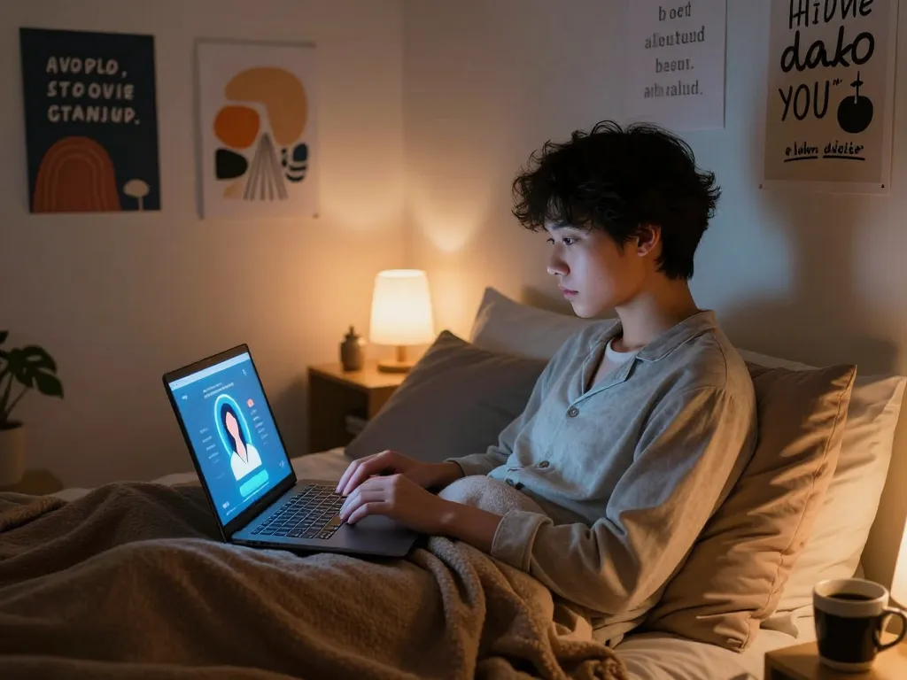 User engaging in ai chat porn on a cozy bedroom laptop, neon glow creates intimate atmosphere