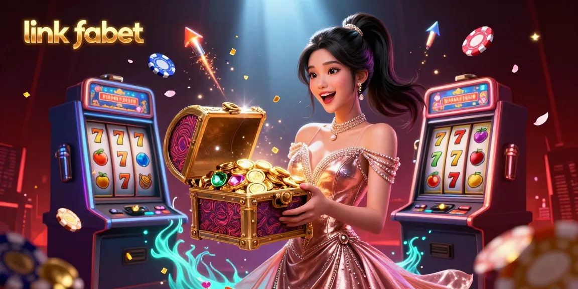 Engage with vibrant slot games at link fabet, featuring cheerful Asian woman presenting a treasure chest of riches.