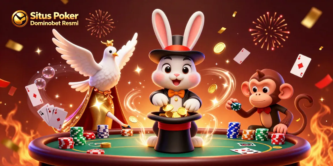 Experience the thrill of festive poker gameplay with Situs Poker Dominobet Resmi, featuring vibrant characters and poker elements.