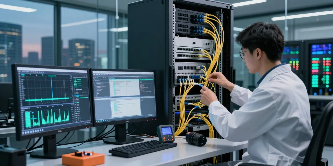 Technician managing optical fiber in networking setup within a high-tech data center.