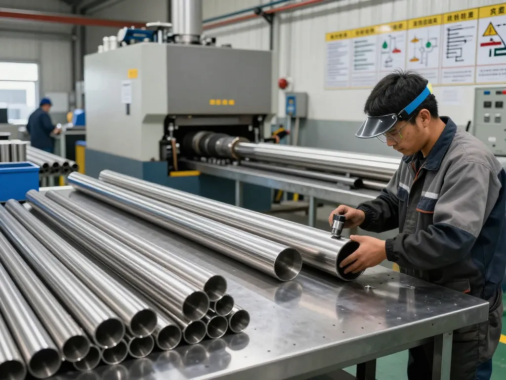 Worker polishing sumwin stainless steel pipes in an industrial setting showcasing precision and craftsmanship.