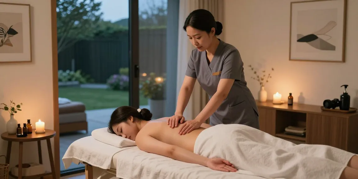 Experience soothing 용산출장마사지 in a tranquil home atmosphere with ambient lighting.