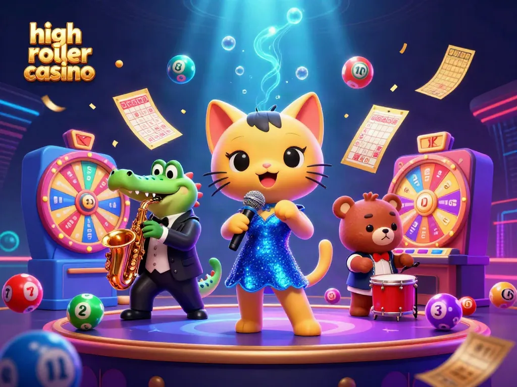 Experience the thrill of high roller casino entertainment with jazz-singing cat and friends in a vibrant scene.