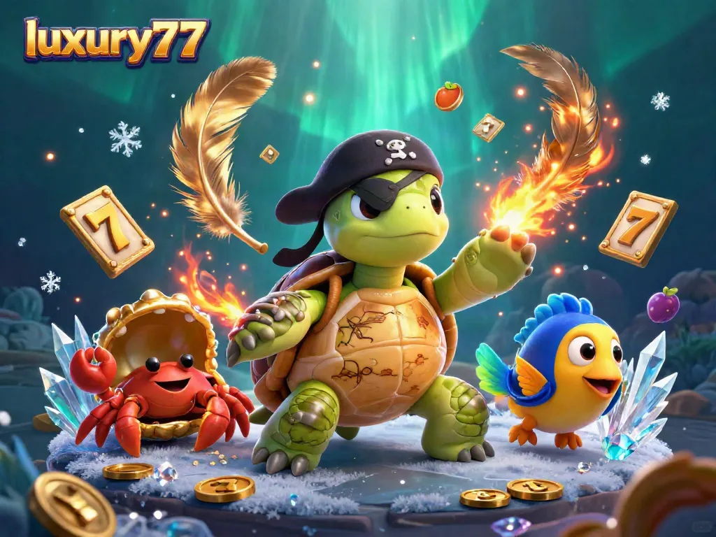Engage with luxury777 through a vibrant 3D illustration featuring a turtle pirate and golden treasure.