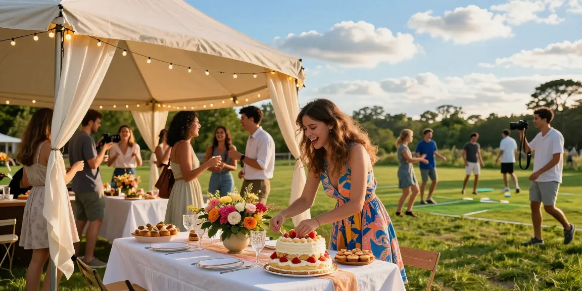 Celebrating with friends at a decorated tent party, showcasing entertaining blogs ideas with joyful interactions and festive atmosphere.