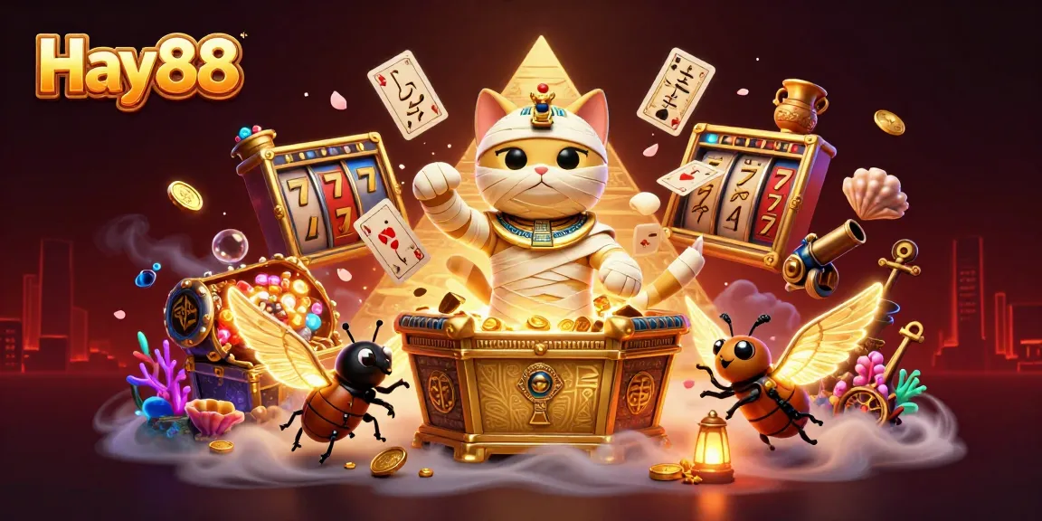 Experience the excitement of Hay88 with a 3D cartoon mummy cat and casino elements.