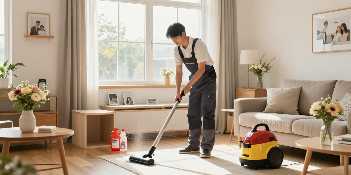 Professional cleaner ensuring pristine spaces for a reinigungsfirma schweiz in a bright and inviting living room.