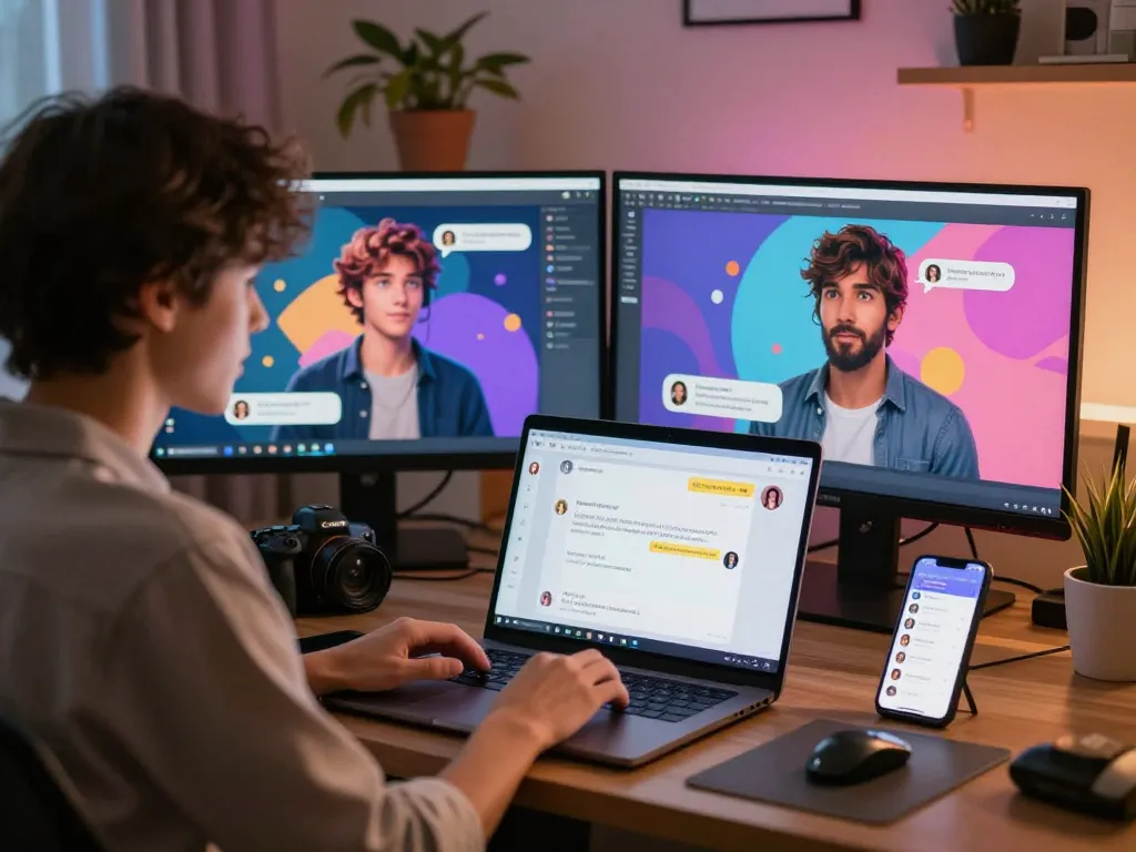 Engaging ai nsfw chat scene with a user interacting with animated characters in a cozy home office