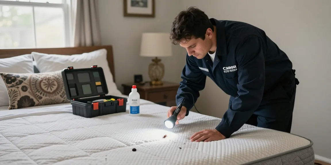 Professional bed bug exterminator examining a mattress in a Milwaukee home.