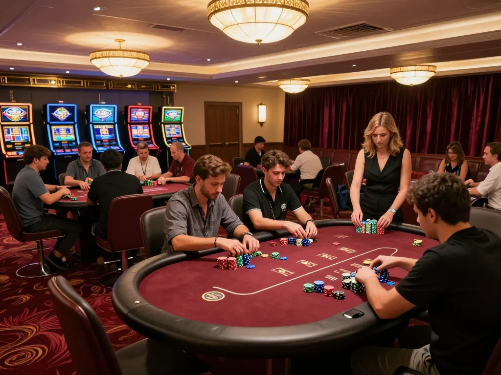 Players strategizing in a vibrant casino scene showcasing LINK DA88 with poker tables and dealer activity