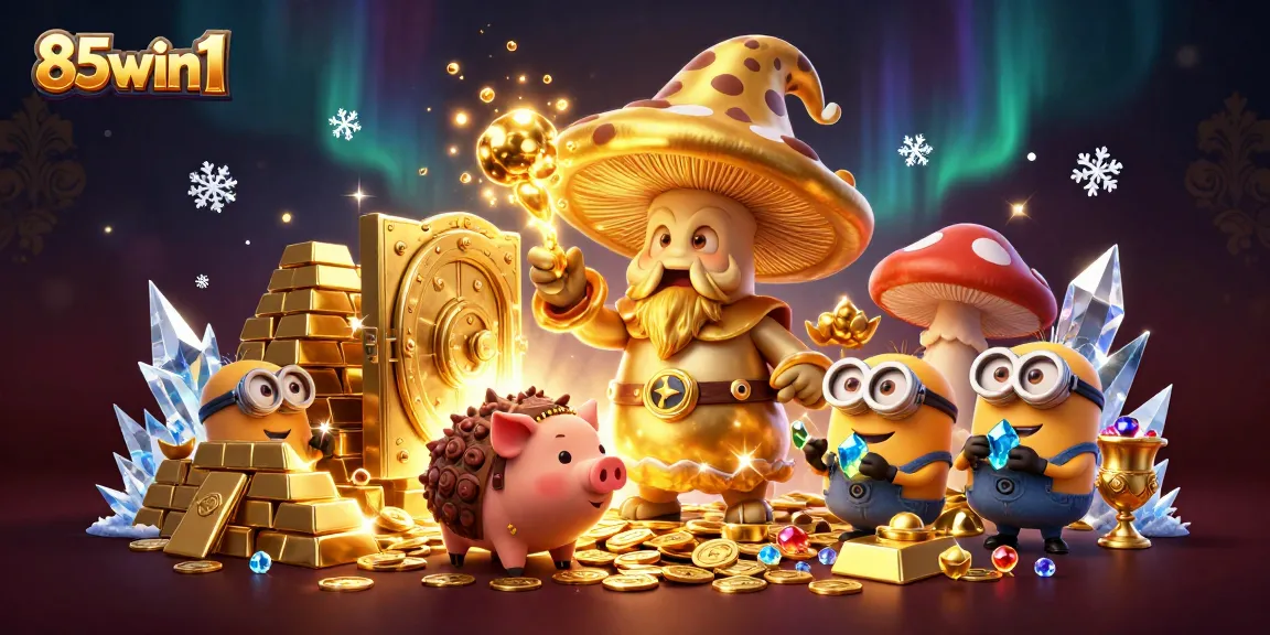 Win big at 85win1 with this vibrant casino scene filled with gold, treasures, and excitement.