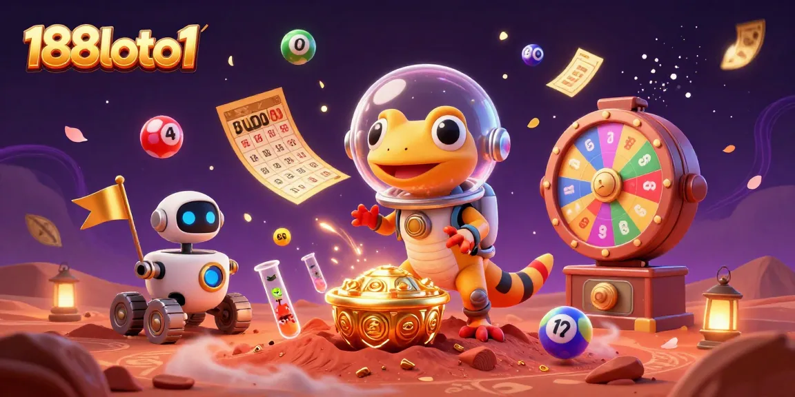 Experience the excitement of 188loto1 as a Martian gecko finds a golden casino on Mars in this vibrant illustration.