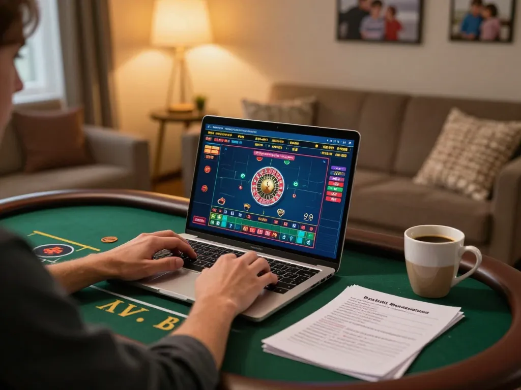 Person enjoying 77789vip online casino games from home, focusing on responsible gaming practices.