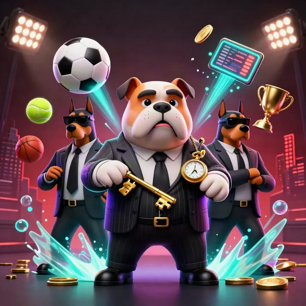Bulldog mob boss and Dobermans amid flying sports balls, coins, trophy, and stadium light