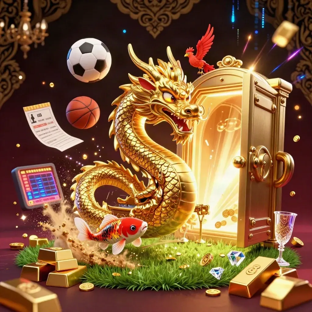 Golden dragon, phoenix, koi, and sports balls burst through treasure and casino light.