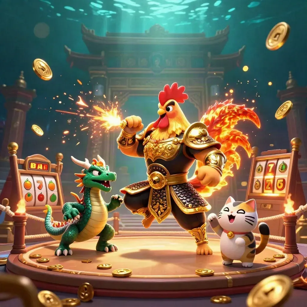 Rooster warrior, dragon hatchling, and fortune cat amid gold sparks, temple gate, and casino symbols.