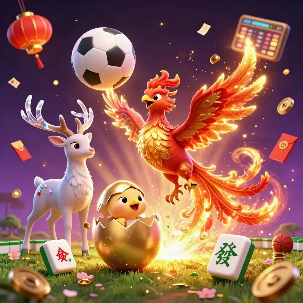 Phoenix, stag, and casino props explode in a gold-lit cosmic sports scene.