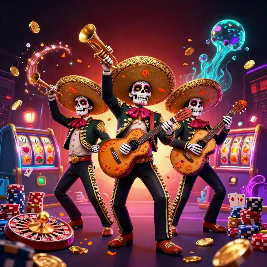 Skeleton mariachi trio bursts through gold coins, casino symbols, and neon light.