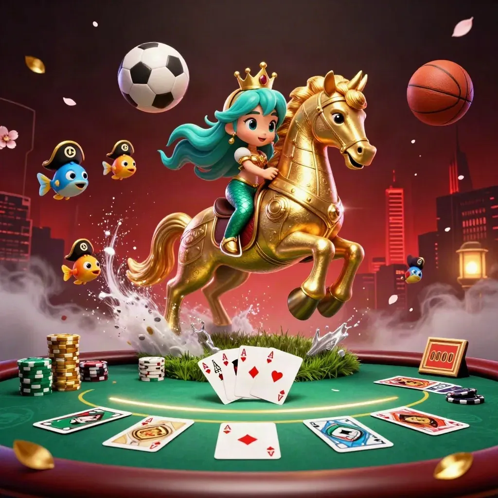 Mermaid princess on a golden seahorse amid casino cards, chips, balls, petals, and glowing runes.
