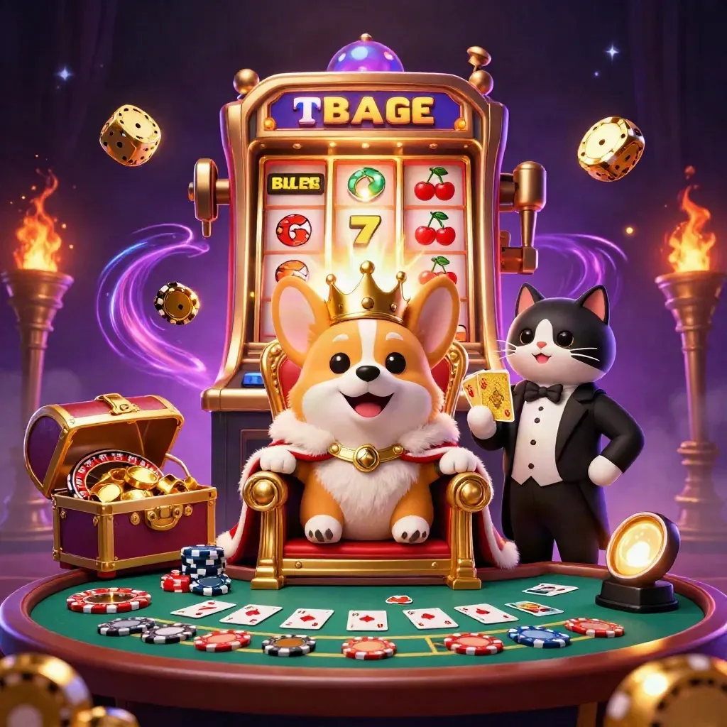 Royal corgi and cat butler amid jackpot slot burst in a luxe casino room.