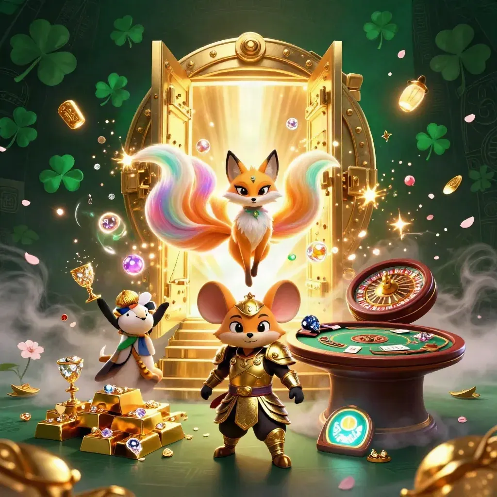 Neon fox spirit and samurai mouse amid gold vault, casino table, jewels, and emerald glow.