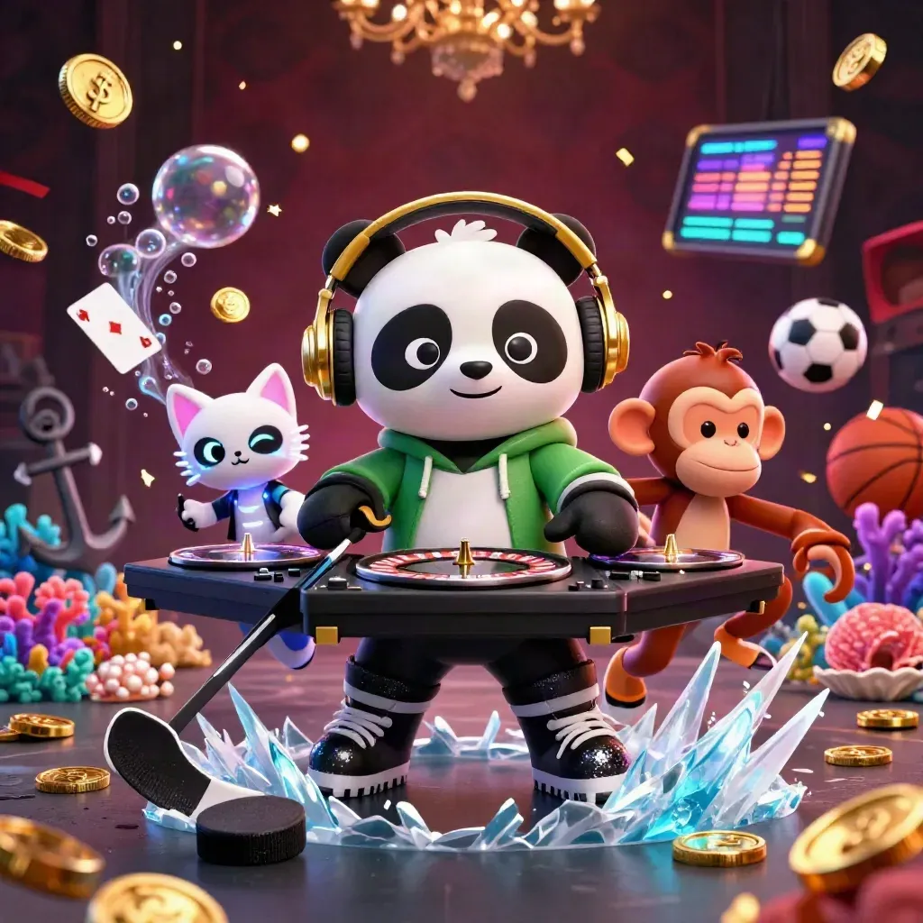Panda DJ, monkey and glow kitten in gold casino chaos with ice spray and treasure.