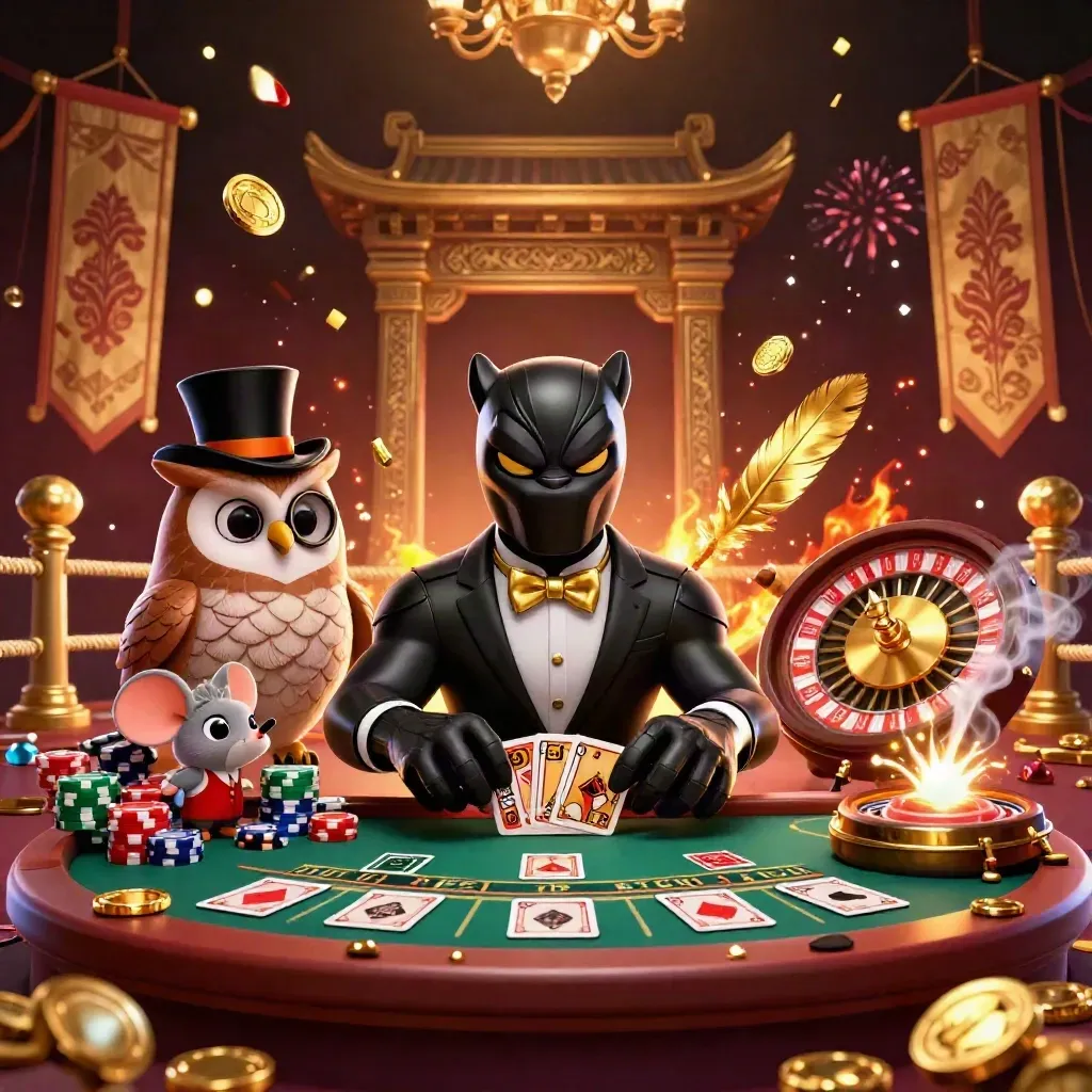Panther, owl, and mouse at a luxe casino table amid gold sparks and chandelier glow