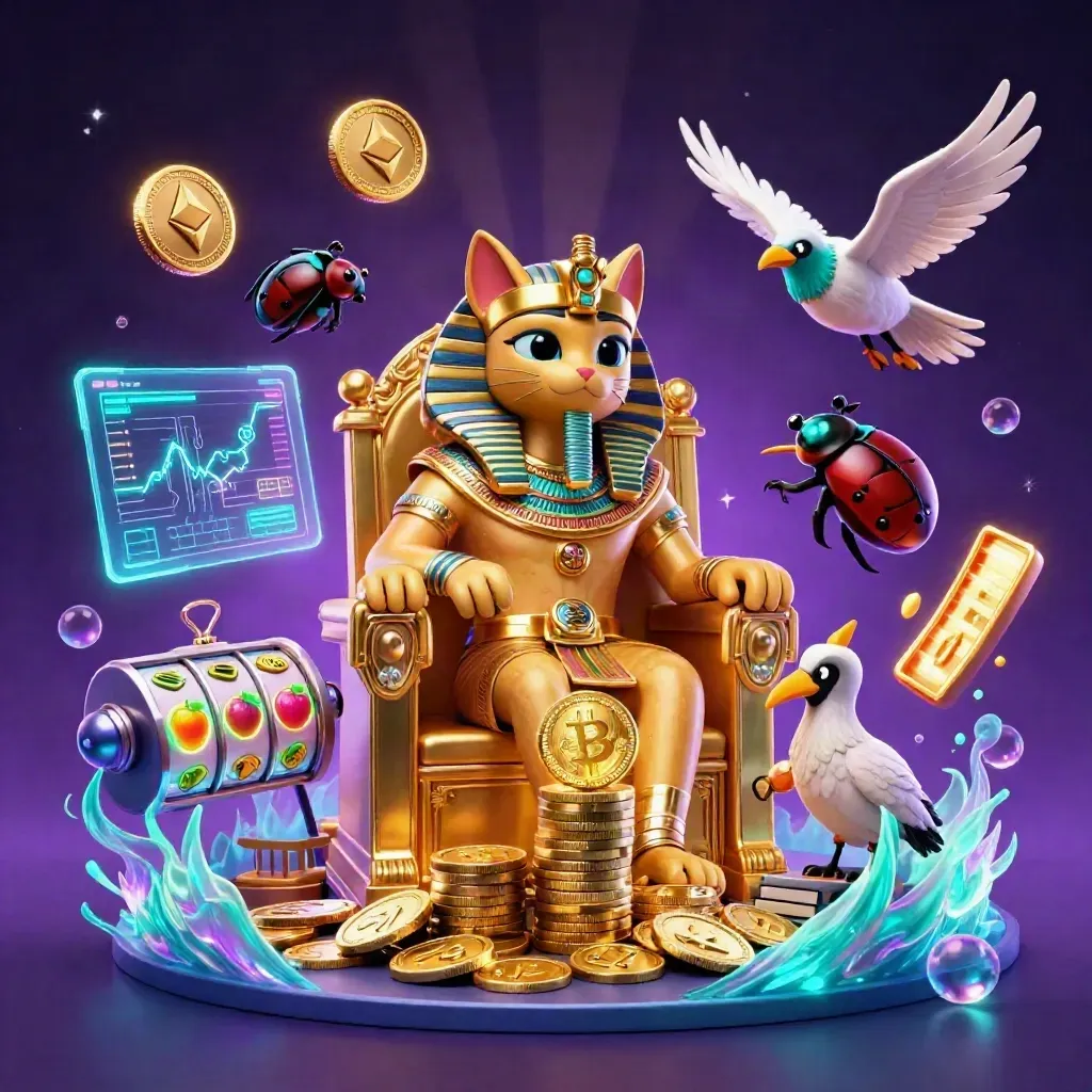 Pharaoh cat on gold throne with ibis scribe, scarabs, coins and neon magic on a purple-black glow