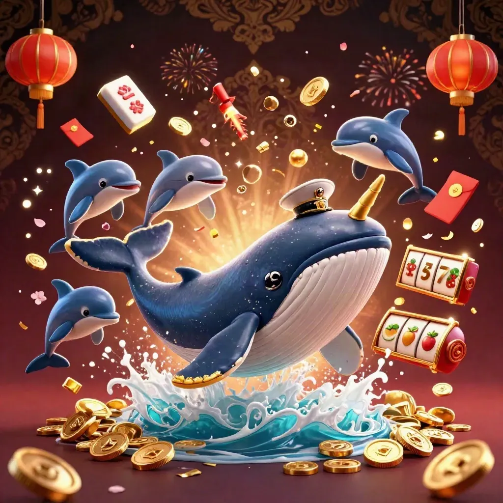 Captain whale, narwhal, and dolphins burst through coins amid gold casino magic.
