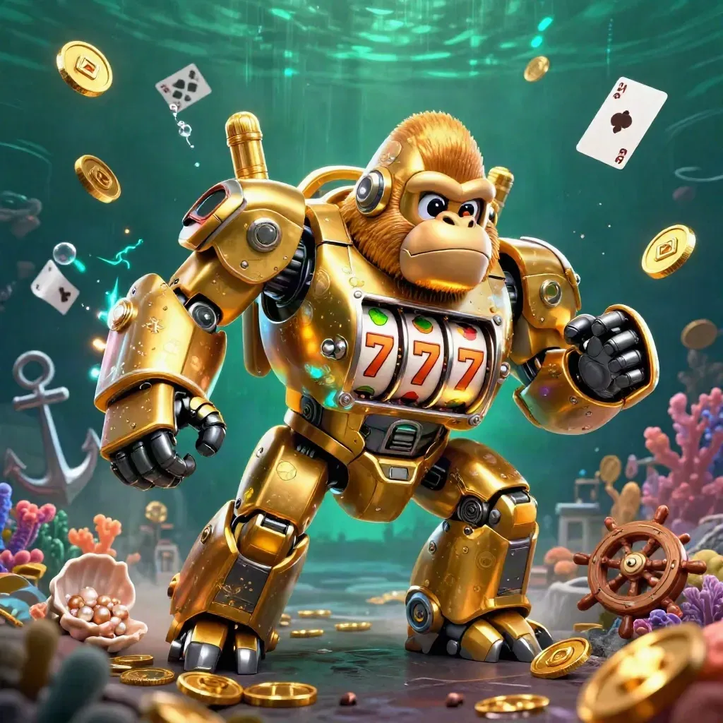 Golden gorilla mech with tiny monkey pilot in a treasure cove, coins, coral, cards, and neon energy bursting out