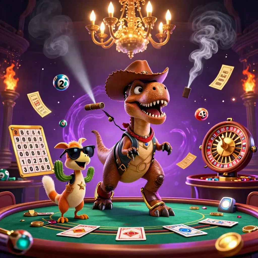 Cowboy T-Rex, cactus, and roadrunner amid casino lights, roulette spin, gold particles, and starry purple glow.