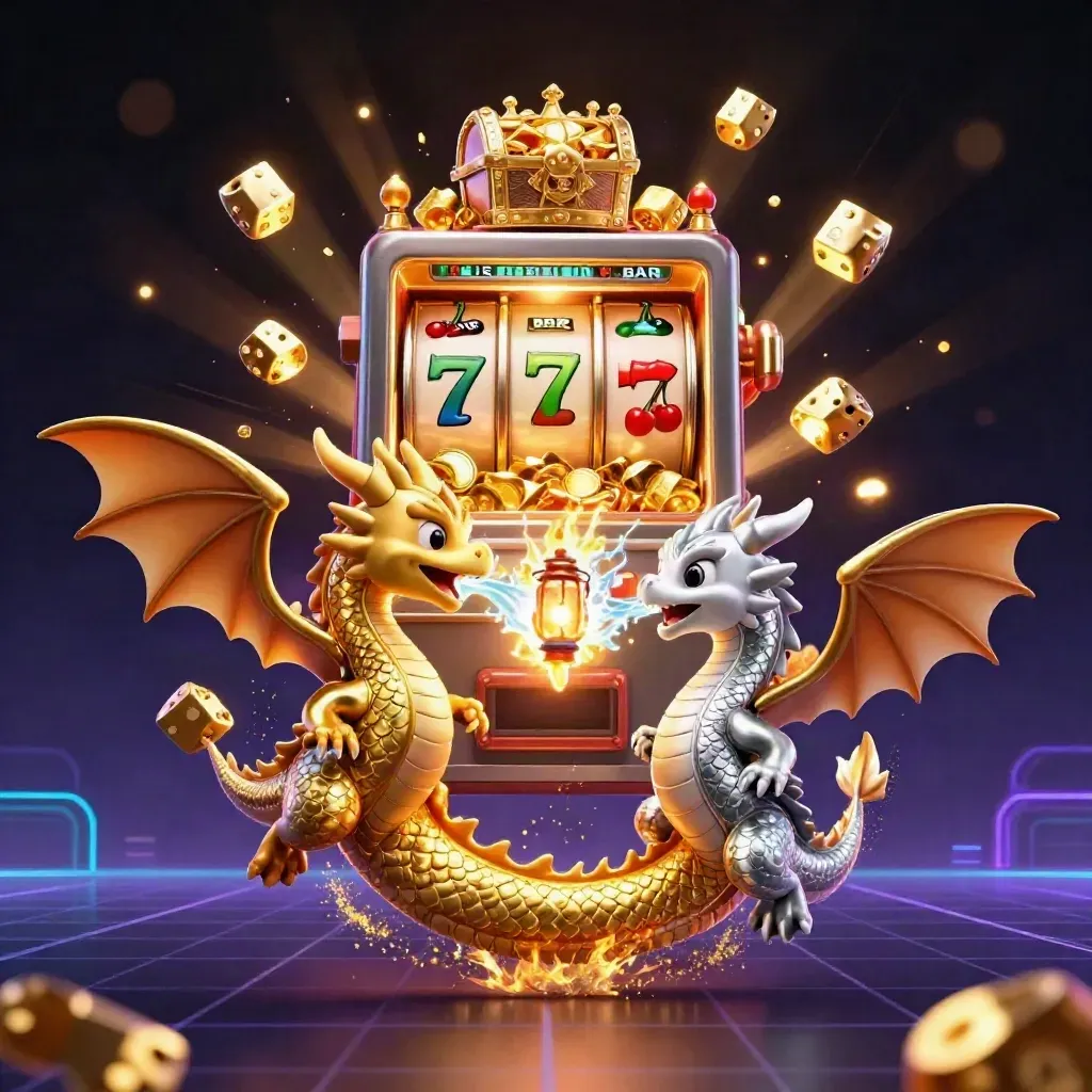 Gold and silver dragons form a fire-and-ice yin-yang over a bursting slot chest.