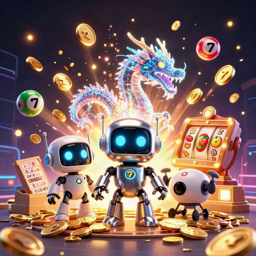 Cyberpunk robot, holographic dragon, and drone amid bursting gold coins and casino symbols.