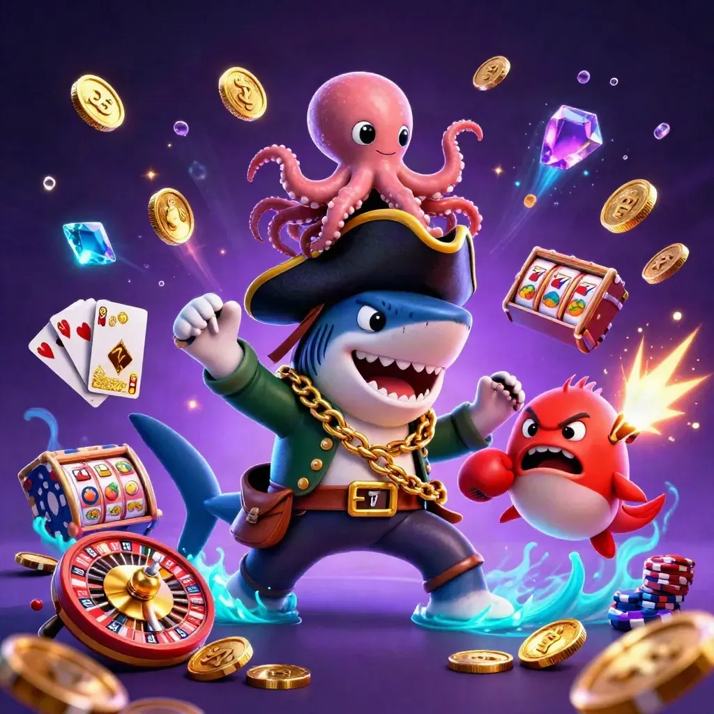 Shark pirate, boxing pufferfish, and juggling octopus amid gold coins, gems, and neon casino magic.