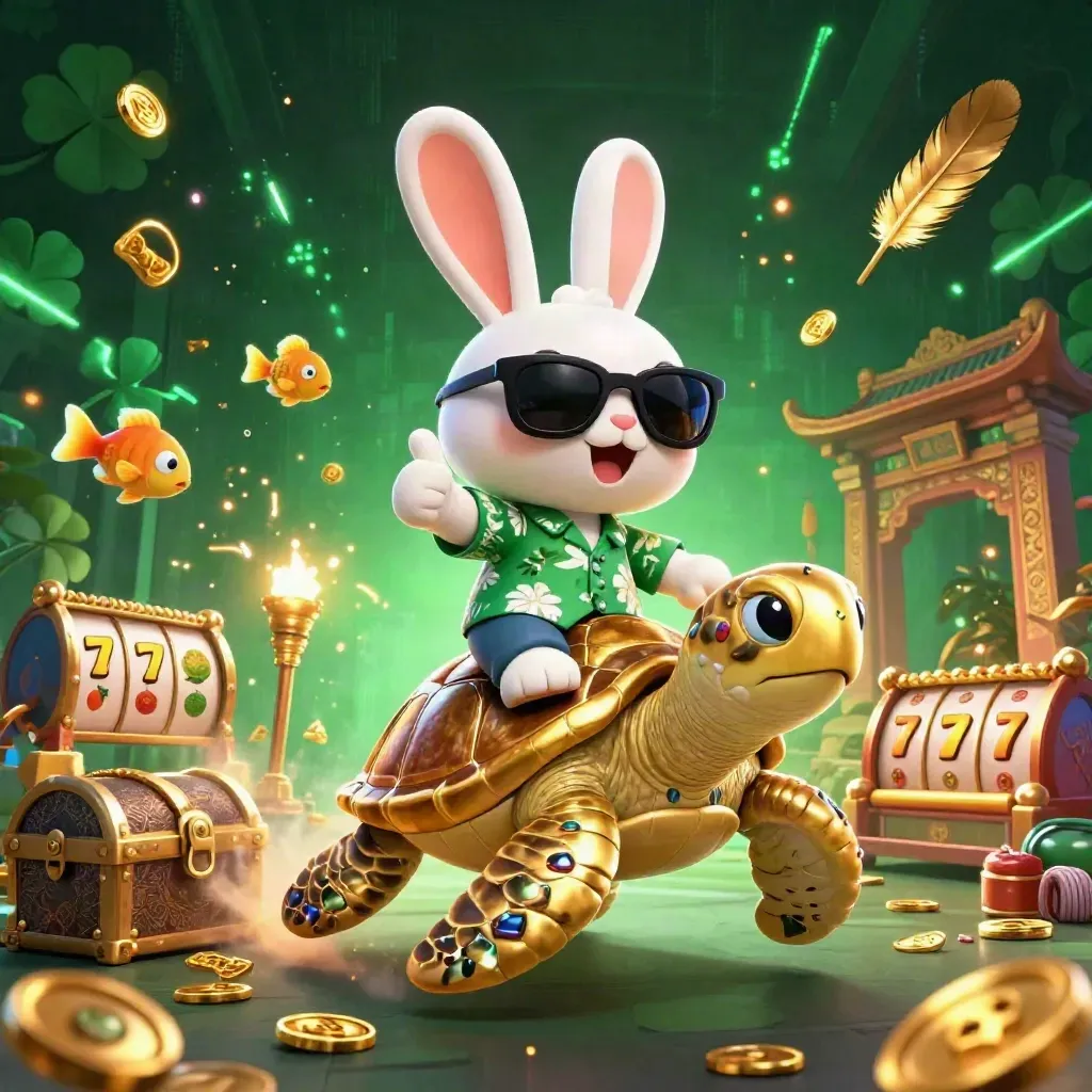 Lucky rabbit rides a gold sea turtle through casino treasure and neon energy