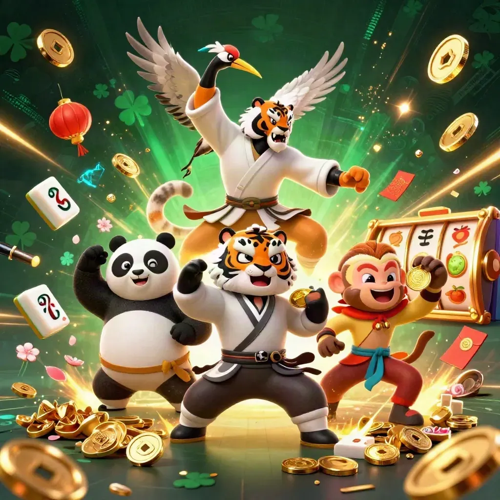 Tiger, panda and monkey celebrate amid exploding gold coins and casino symbols.