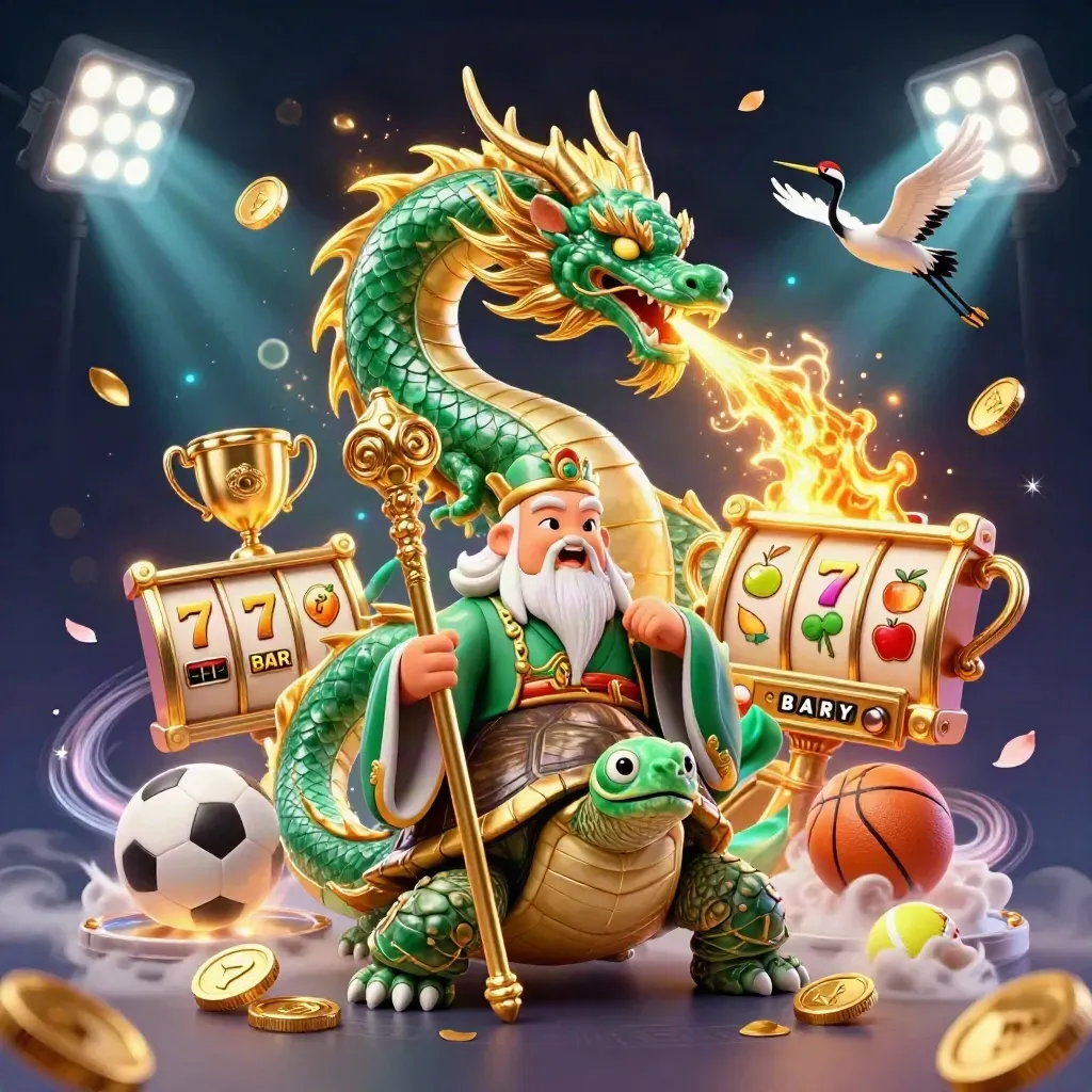 Emerald dragon, turtle sage, and cranes amid gold coins, reels, and casino magic