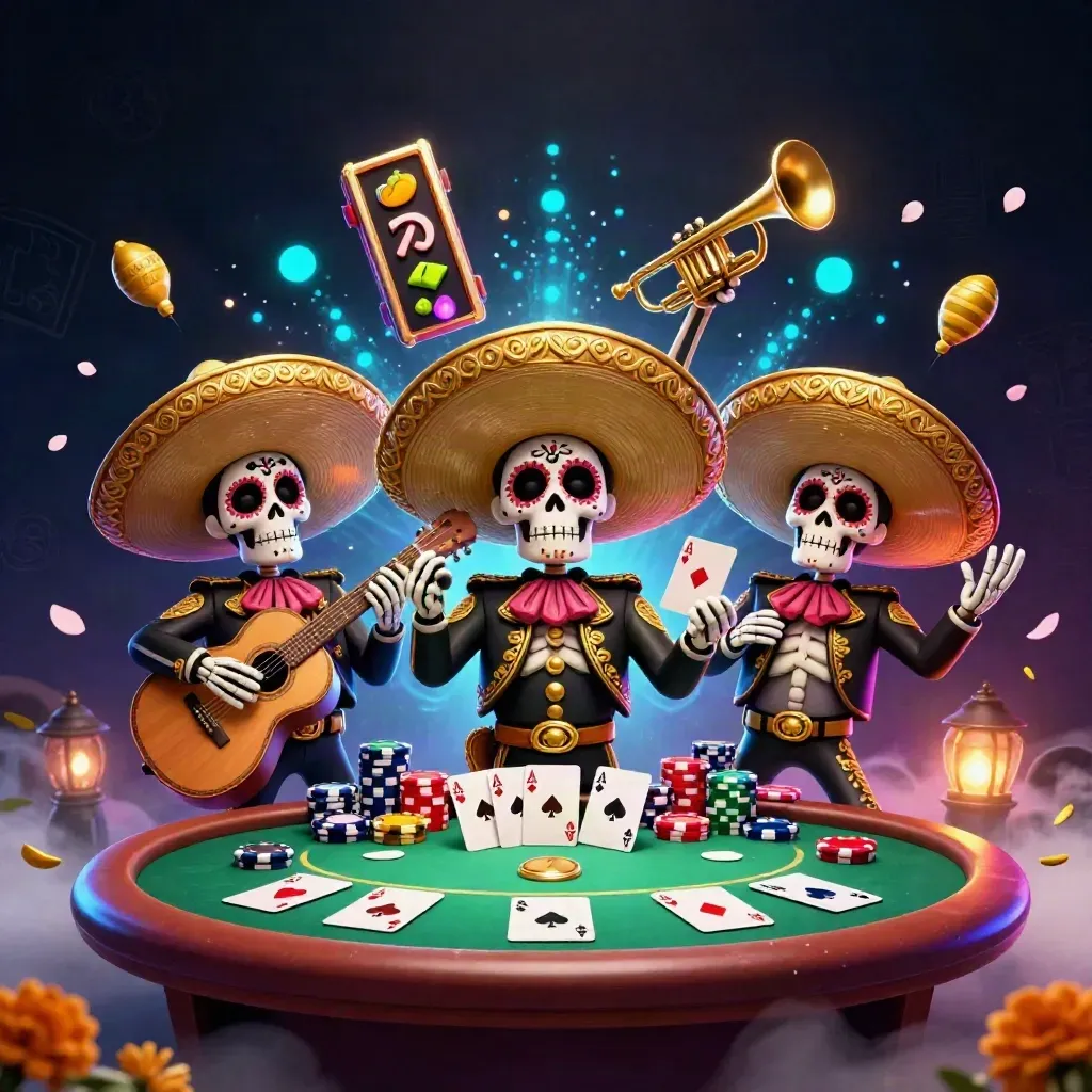 Day-of-the-Dead mariachi skeleton trio amid chips, aces, reels, and glowing casino magic