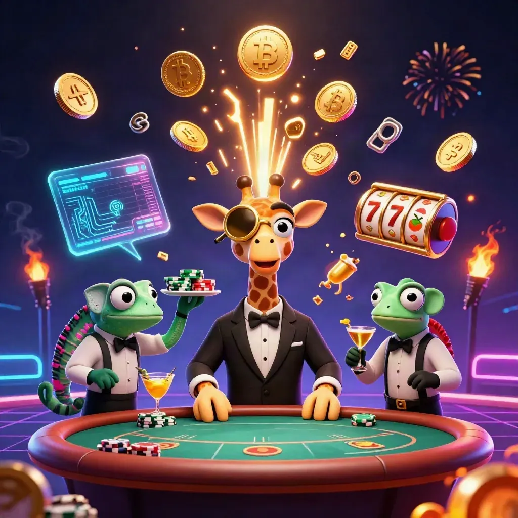 Giraffe, monkey, and chameleon casino heroes amid coins, fire, and neon vault energy.