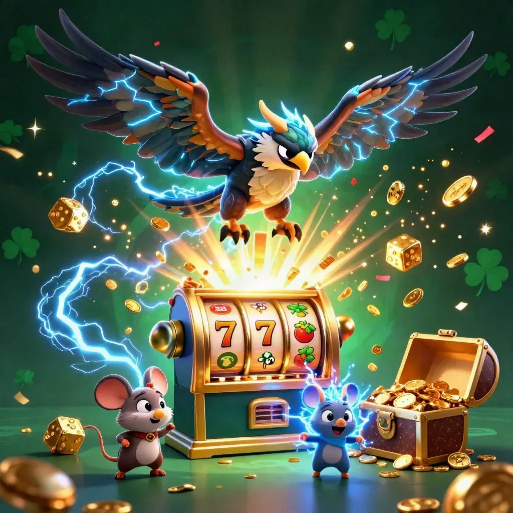 Thunder dragon, wind hawk, and static mouse burst amid gold coins, slots, chest, fireworks.