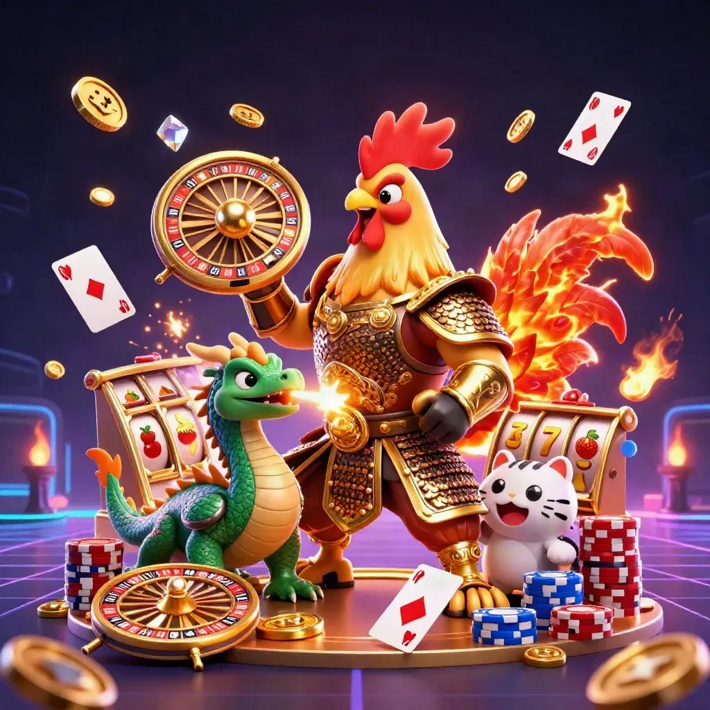 Golden rooster warrior, spark-breathing hatchling, and cheering cat amid casino effects.