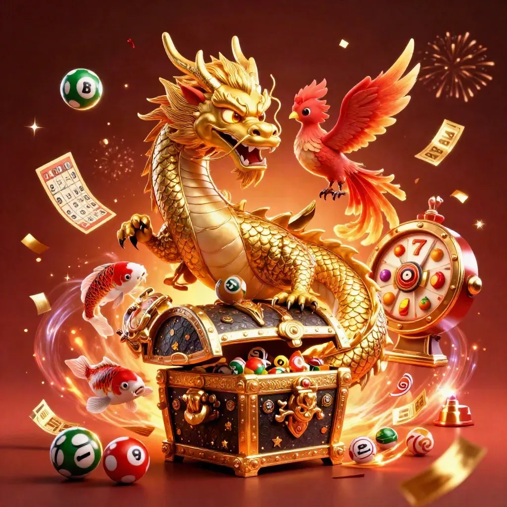 Golden dragon with phoenix and koi amid casino symbols, fireworks, and jackpot glow.