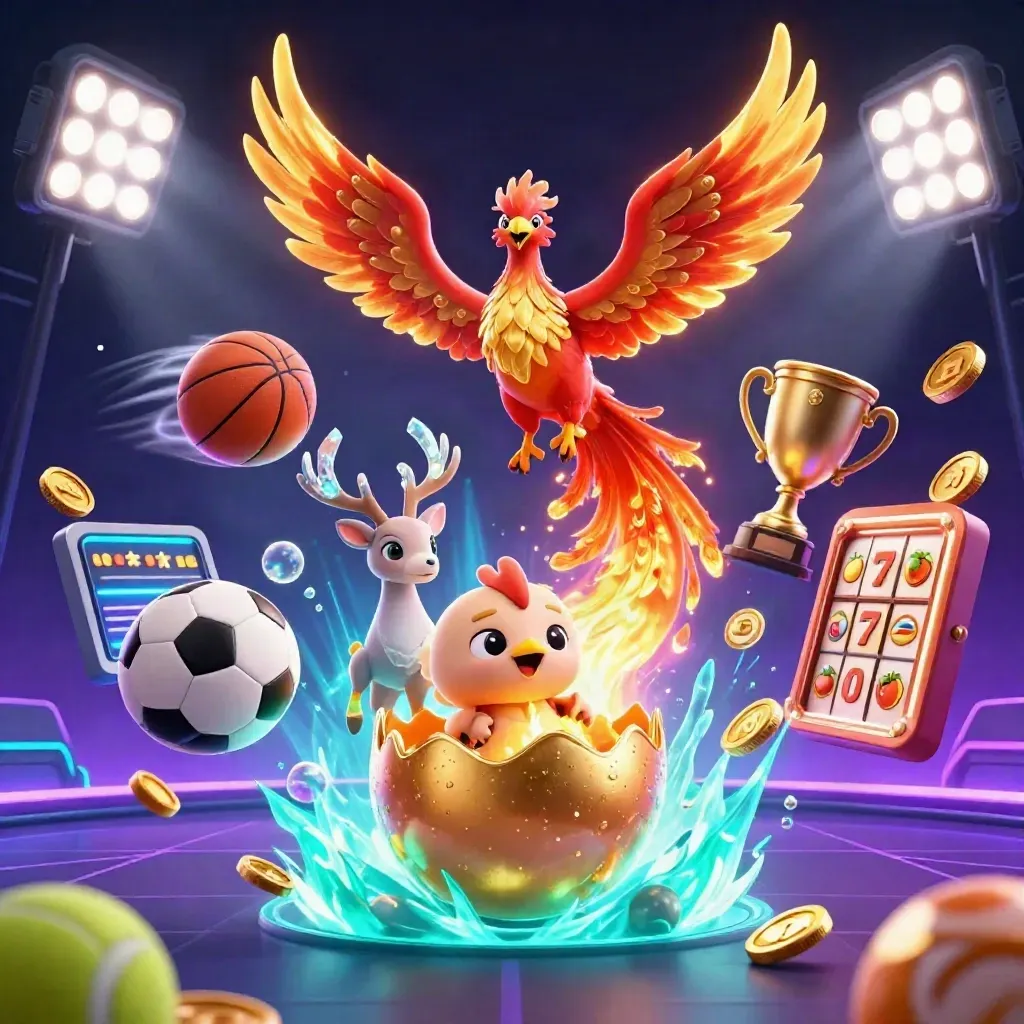 Crimson phoenix, hatchling, and crystal stag amid gold coins, sports balls, and neon casino glow.