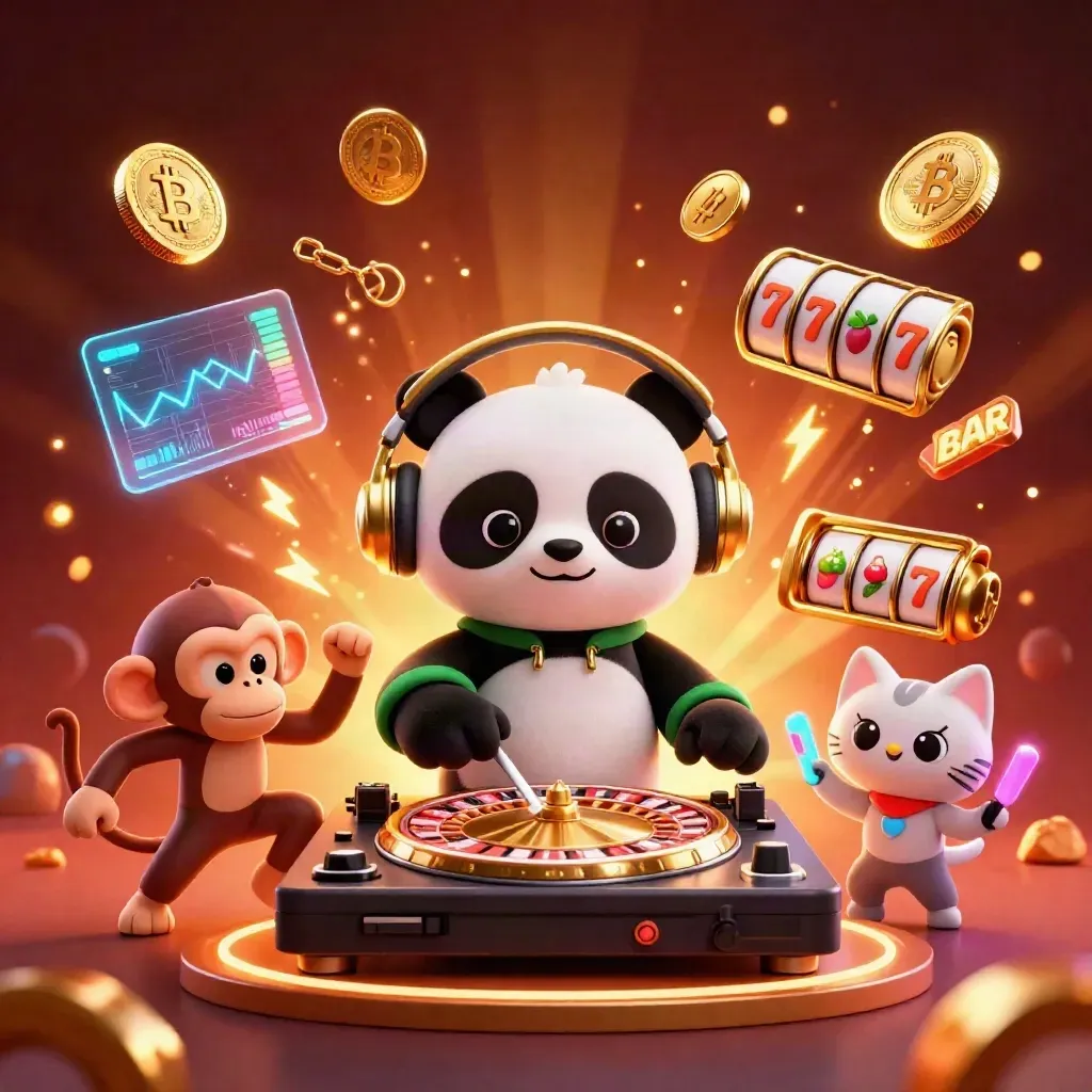 DJ panda, dancing monkey, and glow-stick kitten amid casino coins and slot effects.