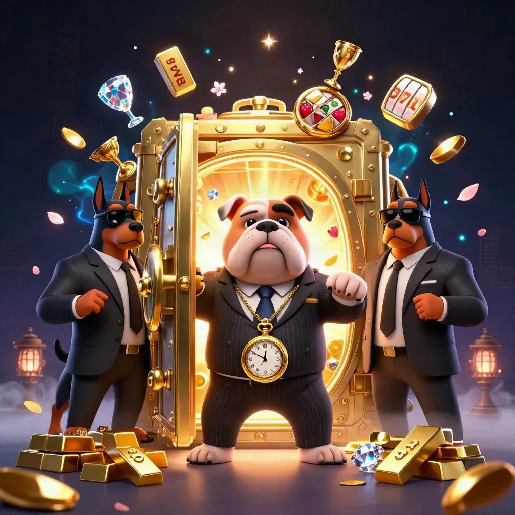 Bulldog boss and two Doberman guards burst a gold vault amid casino loot and glowing magic.