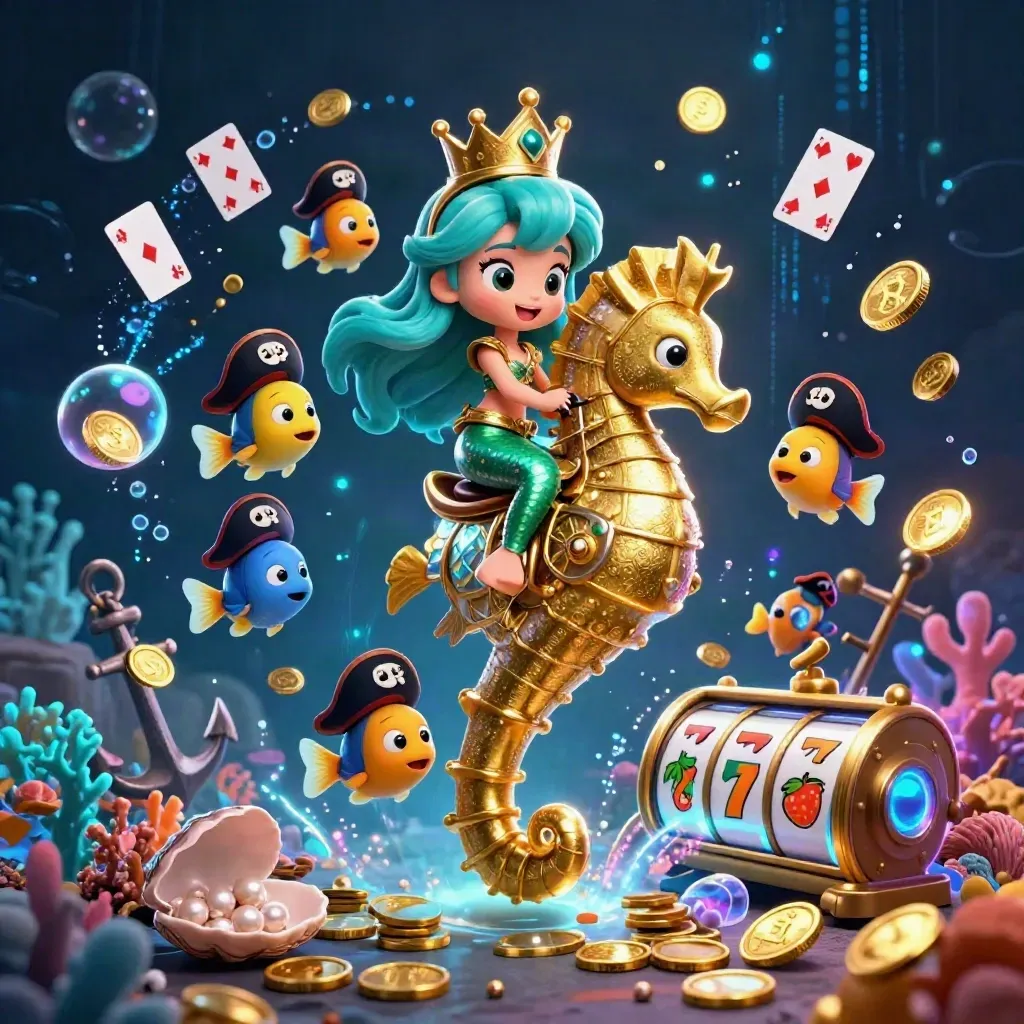 Mermaid princess on a golden seahorse amid treasure, fish, and slot symbols in neon casino glow