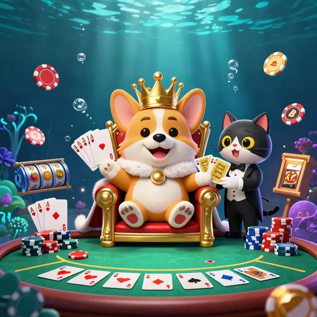 Royal corgi and cat butler amid chips, aces, reels, and underwater casino glow.